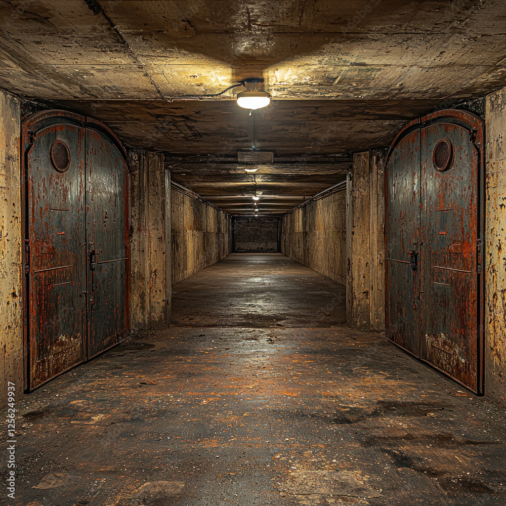 Dark concrete tunnel with rusty metal doors, lit by lamps, evokes mystery and history Dark concrete tunnel with rusty metal doors, lit by lamps, evokes mystery and history