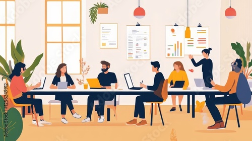 A group of people are collaborating and brainstorming around a large light bulb, symbolizing ideas and creativity. Various icons and symbols related to innovation and teamwork surround them, indicatin