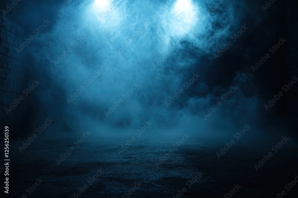 Dimly lit scene with blue fog and dramatic lighting, creating a mysterious atmosphere in an abandoned space Dimly lit scene with blue fog and dramatic lighting, creating a mysterious atmosphere in an abandoned space
