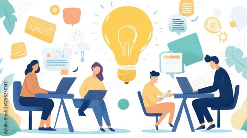 A group of people are collaborating and brainstorming around a large light bulb, symbolizing ideas and creativity. Various icons and symbols related to innovation and teamwork surround them, indicatin