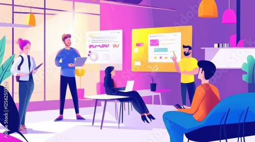 A group of people are collaborating and brainstorming around a large light bulb, symbolizing ideas and creativity. Various icons and symbols related to innovation and teamwork surround them, indicatin