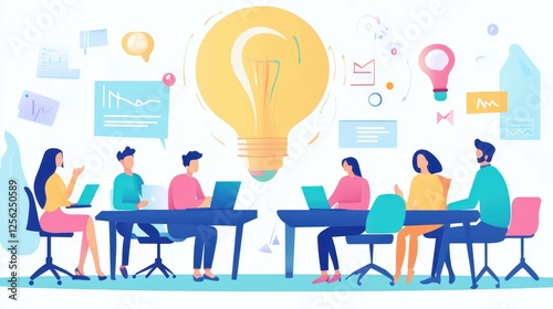 A group of people are collaborating and brainstorming around a large light bulb, symbolizing ideas and creativity. Various icons and symbols related to innovation and teamwork surround them, indicatin