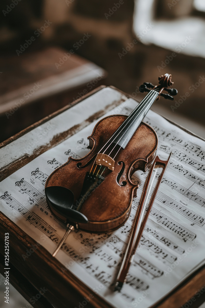 Fototapeta premium A violin resting on sheet music Generative AI 