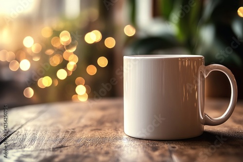 A blank white coffee mug sits on a rustic wooden table, surrounded by a warm bokeh background, ideal for showcasing custom designs or branding photo