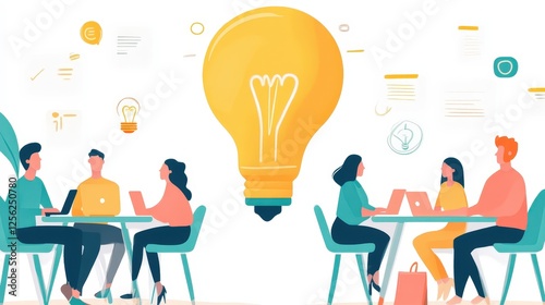 A group of people are collaborating and brainstorming around a large light bulb, symbolizing ideas and creativity. Various icons and symbols related to innovation and teamwork surround them, indicatin