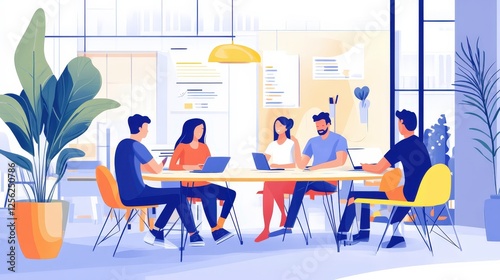 A group of people are collaborating and brainstorming around a large light bulb, symbolizing ideas and creativity. Various icons and symbols related to innovation and teamwork surround them, indicatin