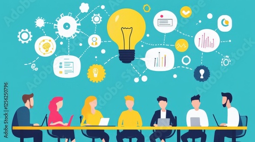 A group of people are collaborating and brainstorming around a large light bulb, symbolizing ideas and creativity. Various icons and symbols related to innovation and teamwork surround them, indicatin