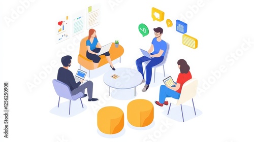A group of people are collaborating and brainstorming around a large light bulb, symbolizing ideas and creativity. Various icons and symbols related to innovation and teamwork surround them, indicatin