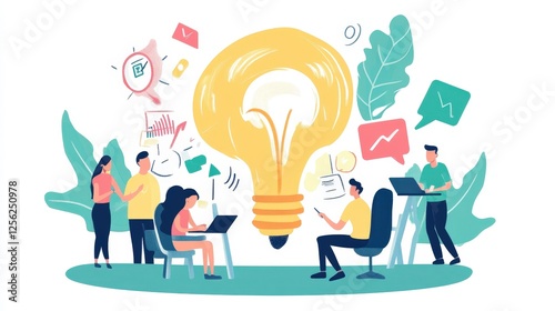 A group of people are collaborating and brainstorming around a large light bulb, symbolizing ideas and creativity. Various icons and symbols related to innovation and teamwork surround them, indicatin
