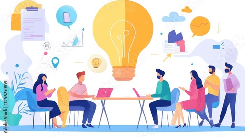 A group of people are collaborating and brainstorming around a large light bulb, symbolizing ideas and creativity. Various icons and symbols related to innovation and teamwork surround them, indicatin
