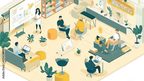 A group of people are collaborating and brainstorming around a large light bulb, symbolizing ideas and creativity. Various icons and symbols related to innovation and teamwork surround them, indicatin