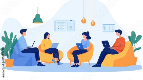 A group of people are collaborating and brainstorming around a large light bulb, symbolizing ideas and creativity. Various icons and symbols related to innovation and teamwork surround them, indicatin