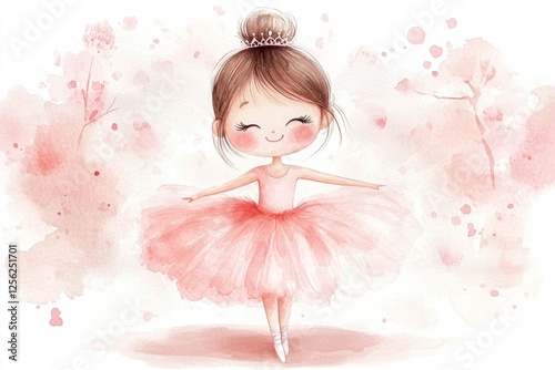 Cheerful ballerina girl in a fluffy pink tutu twirls happily among soft pastel hues, embodying grace and joy in her dance