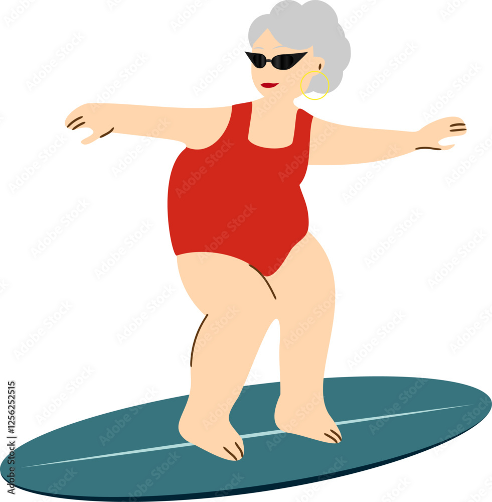 Εκτύπωση καμβά old woman with gray hair in a swimsuit is surfing