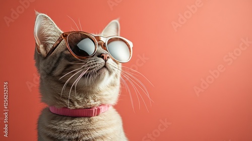 A light gray cat sporting trendy sunglasses sits against a bold red backdrop, radiating coolness and charm in a playful manner