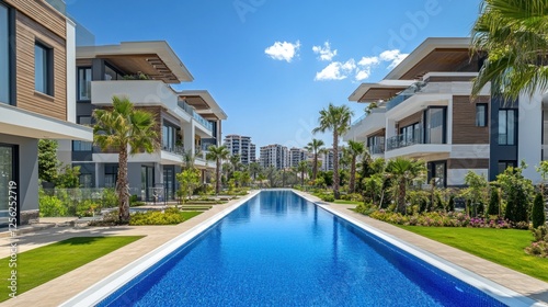 A serene residential area showcases elegant homes and a striking pool, surrounded by lush palm trees under a clear blue sky