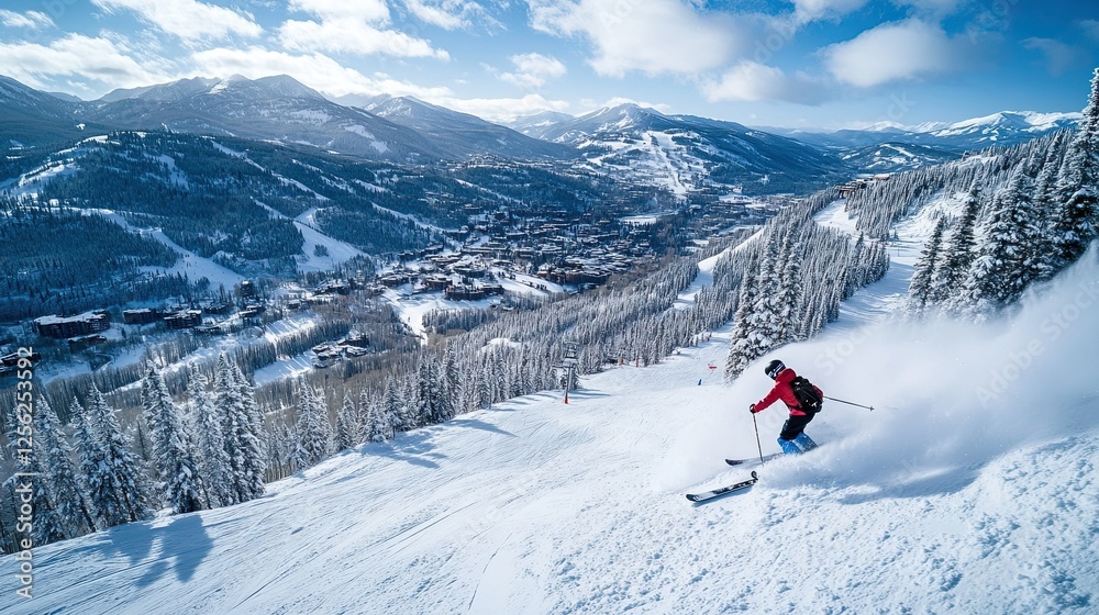 Aerial view of a skier descending a mountainous slope Aerial view of a skier descending a mountainous slope