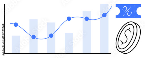 Financial graph with a fluctuating blue line chart, bar graph, percentage tag, and dollar coin symbol. Ideal for finance, investment, market analysis, economic trends, profit growth business