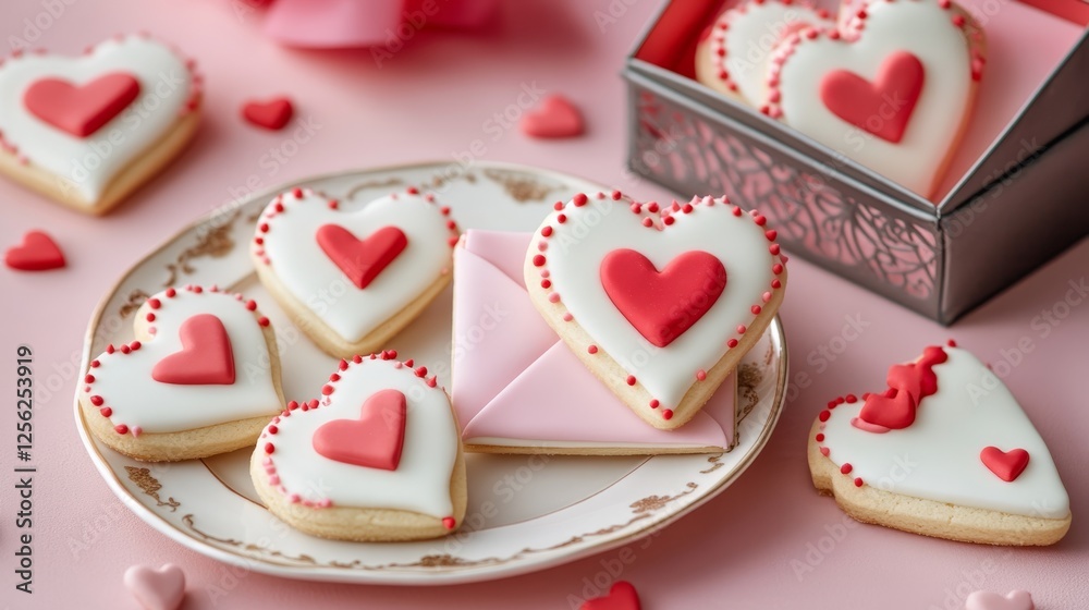 Heart-shaped iced cookies on decorative plate with gift box and envelopes Heart-shaped iced cookies on decorative plate with gift box and envelopes