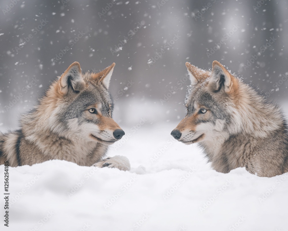 Two wolves facing each other in snowy forest. Two wolves facing each other in snowy forest.