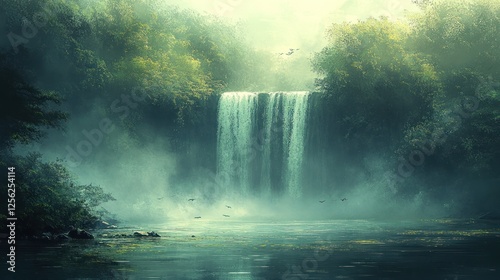 Misty rainforest waterfall cascading into tranquil pool photo