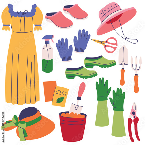 Set of gardening essentials, including tools, gloves, seeds,gardening dress,boots. Agriculture tools and accessories. 