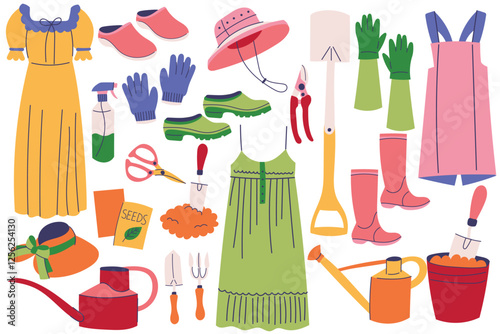 Set of gardening essentials, including tools, gloves, seeds,gardening dress,boots. Agriculture tools and accessories. 