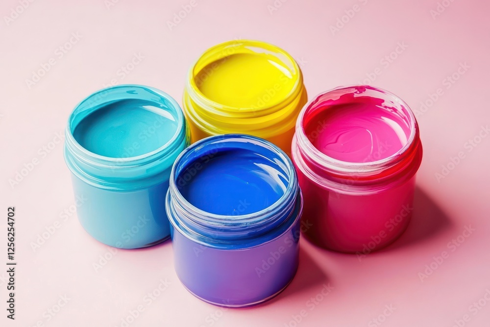 Vibrant paint jars in bright colors on a pink background Vibrant paint jars in bright colors on a pink background