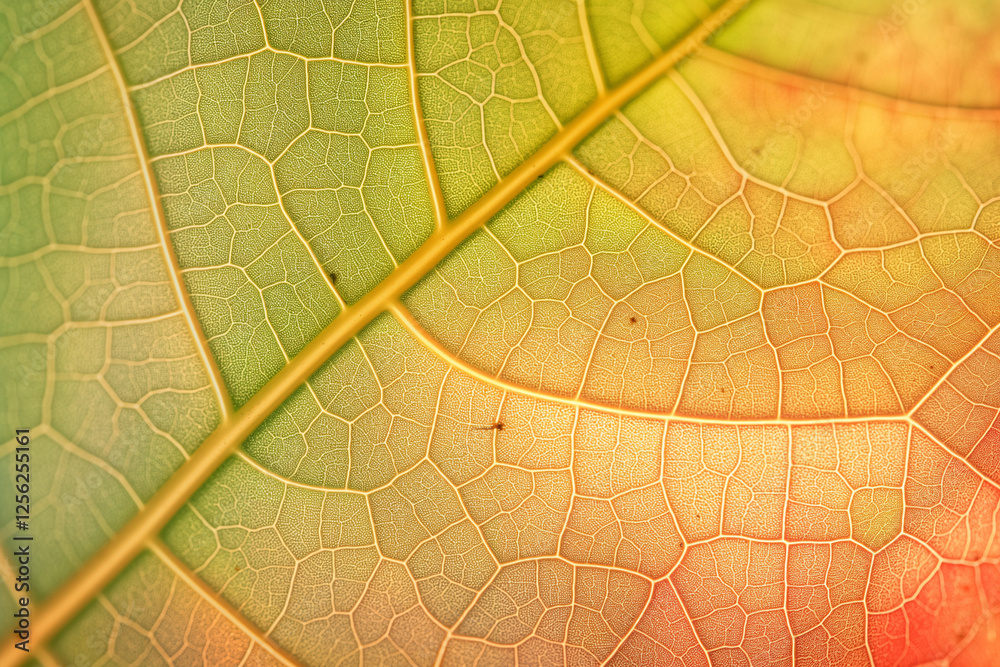 Obraz premium Macro of a Green Leaf with Red and Yellow Veins. Generative AI