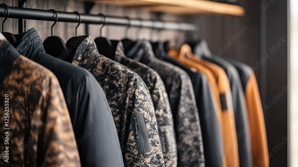 A stylish display of jackets showcasing various patterns and colors, hung neatly on a rack against a modern backdrop. A stylish display of jackets showcasing various patterns and colors, hung neatly on a rack against a modern backdrop.