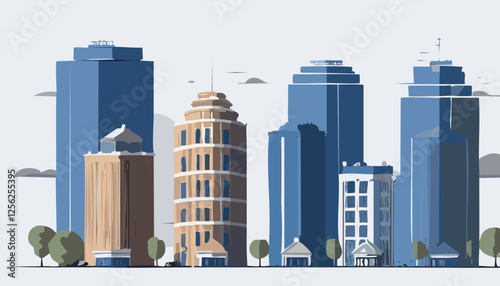 The stunning image artfully showcases a vibrant city skyline filled with tall buildings, green trees, all set against a bright, eyecatching white background
