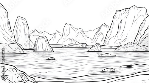 Mountain lake landscape sketch.  Possible use coloring book, print photo