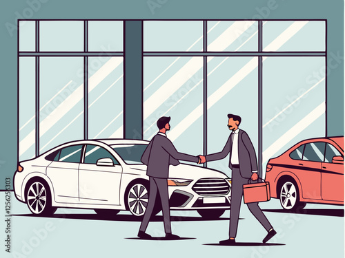 In a car showroom, two men shake hands, highlighting their camaraderie, respect, and successful collaboration in a competitive business environment