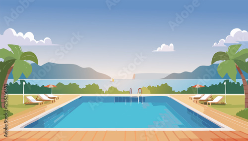 A beautifully crafted pixel art illustration depicting a serene swimming pool complete with lounge chairs and colorful umbrellas surrounding it