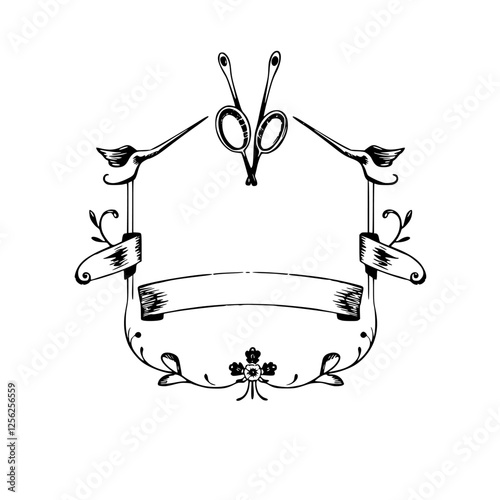 Barber-shop themed logo with scissors and frames, a vintage design with a ribbon in a vector style
