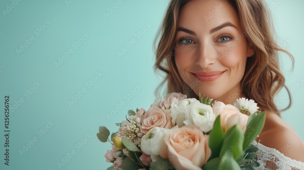 Elegant woman smiling while holding a beautiful bouquet of flowers against a light blue background Elegant woman smiling while holding a beautiful bouquet of flowers against a light blue background