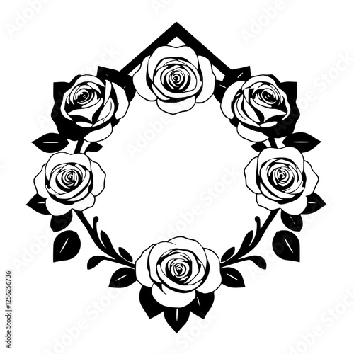 A Rose Garden Wreath: This image depicts a stylized, black-and-white illustration of roses arranged in a circular, floral wreath.