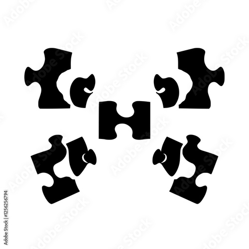 Disconnected Puzzle: Four black and white jigsaw puzzle pieces that are not completely connected.