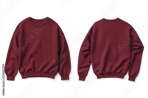 Burgundy sweatshirt mockup with front side and back views isolated on white background. Two maroon sweatshirts displayed neatly on a clean white background, showcasing their rich color.
