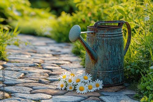 Rustic watering can and daisies on garden path