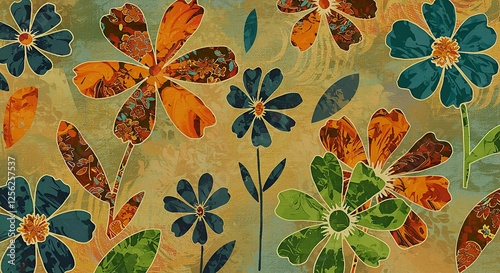 Floral Pattern with Vibrant Blue, Orange, and Green Flowers