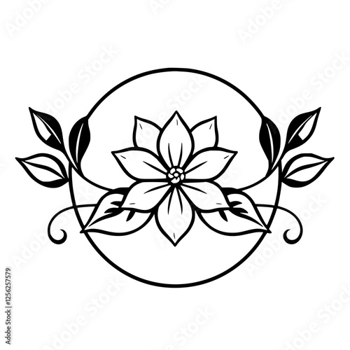 Floral design with a central flower, leaves and swirls, enclosed in a circle.