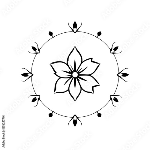 Ornamental floral design. A black and white symmetrical composition featuring a central five-petaled flower surrounded by a circle and additional decorative elements.
