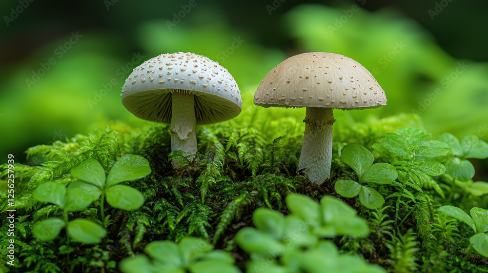 Two mushrooms growing on mossy forest floor with clover Two mushrooms growing on mossy forest floor with clover