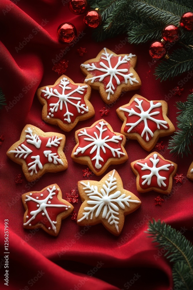 Festive Christmas Arrangement: Star-Shaped Snowflake Cookies on Red Fabric with Holiday Ornaments and Evergreen Sprigs, A Sweet and Joyful Celebration.