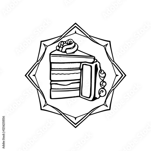 Black and white illustration of a layered cake slice within an ornate geometric frame.