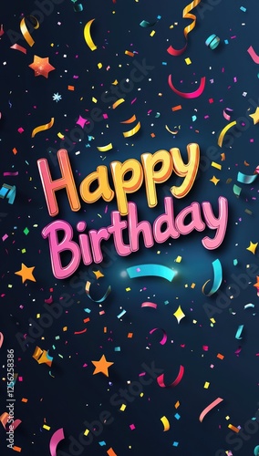 A vibrant background features bright, colorful circles and sparkles. The text Happy Birthday! stands out in cheerful hues, creating a celebratory atmosphere.