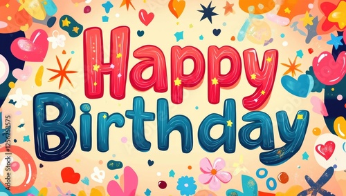 Bright and vibrant background capturing a joyous birthday theme, featuring colorful balloons, stars, and flowers surrounding a happy birthday message in playful lettering.