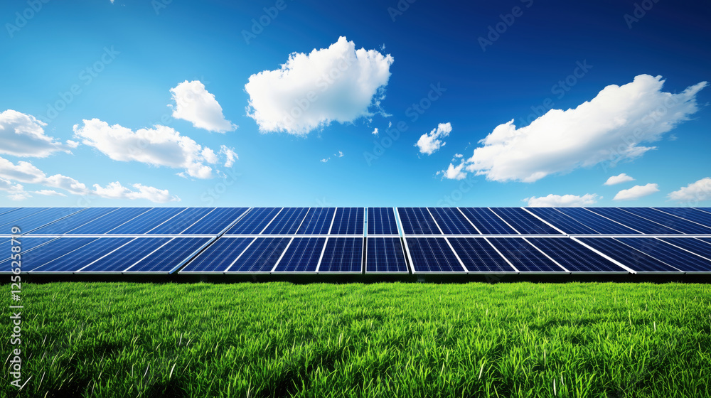 Broad view of solar power farm under blue sky with clouds, showcasing vast photovoltaic panels across green grassland Broad view of solar power farm under blue sky with clouds, showcasing vast photovoltaic panels across green grassland