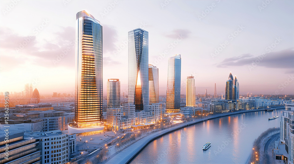 Fototapeta premium Beautiful modern European of American city at sunset view